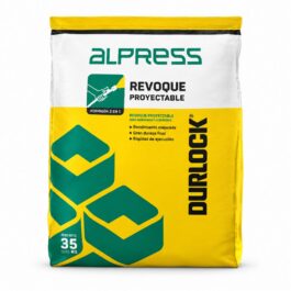 Bolsa de Alpress Proyectable Durlock x 35 kg, revoque de yeso para aplicación mecánica en paredes y cielorrasos interiores.