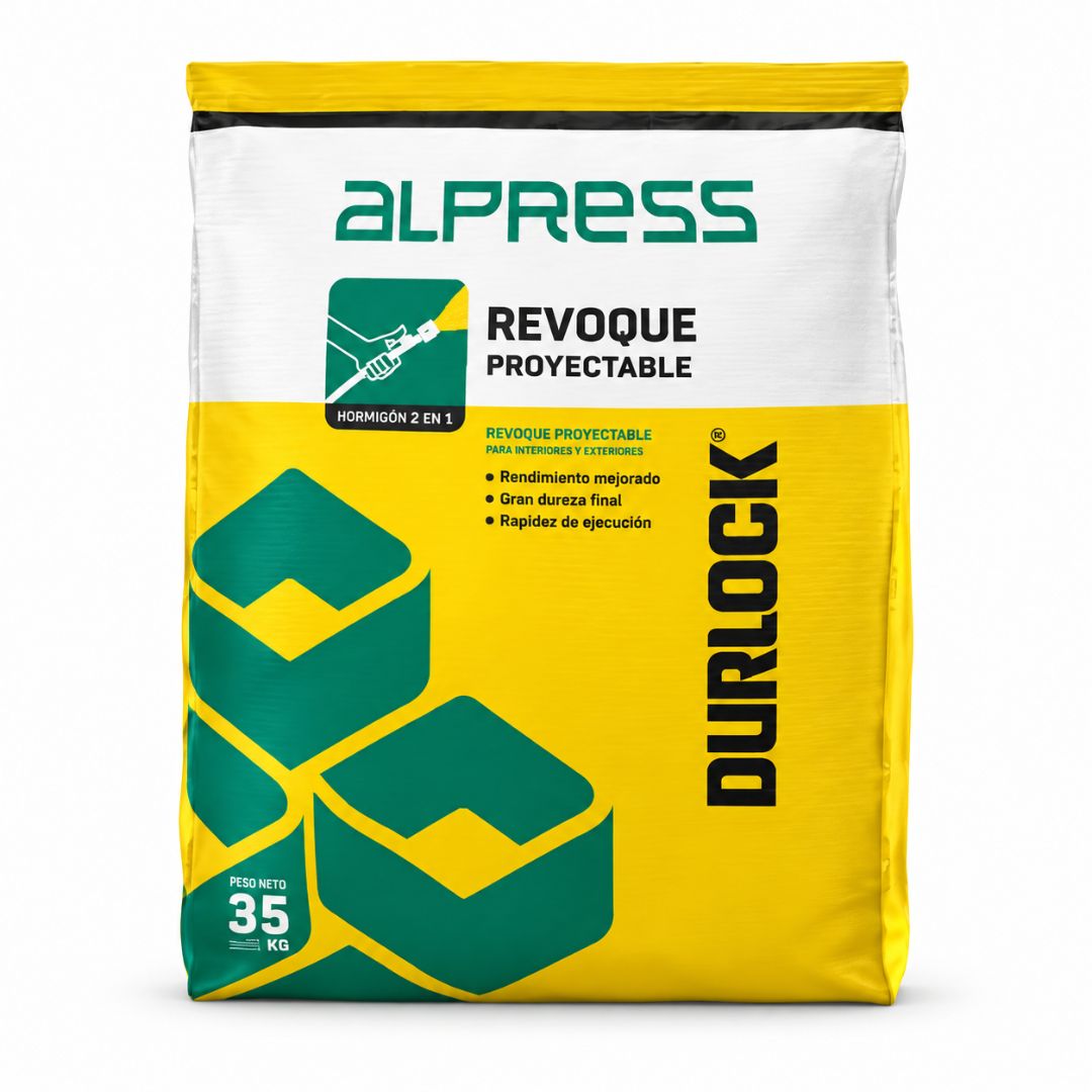 Bolsa de Alpress Proyectable Durlock x 35 kg, revoque de yeso para aplicación mecánica en paredes y cielorrasos interiores.